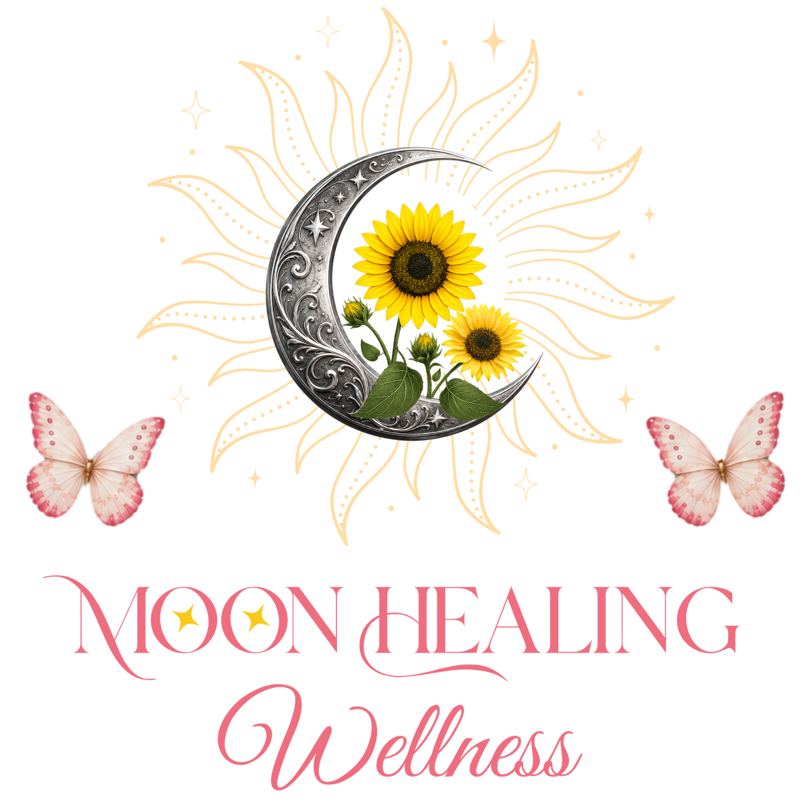 Moon Healing Wellness crescent, sunflower, and butterfly logo